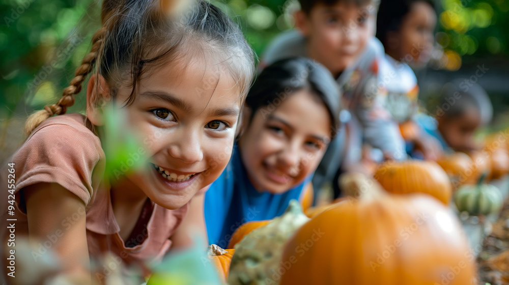 Kids on a Pumpkin Hunt: Kids participating in a pumpkin hunt around the schoolyard, searching for hidden pumpkins as part of a fun fall game, with copy space Kids on a Pumpkin Hunt: Kids participating in a pumpkin hunt around the schoolyard, searching for hidden pumpkins as part of a fun fall game, with copy space