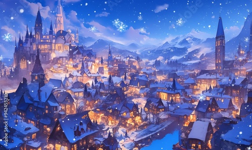 Wallpaper Mural Enchanting Winter Cityscape Collection: Diverse Urban Scenes from Charming European Towns to Modern Metropolises. Magical Anime-Inspired Fantasy Wonderland for Festive Marketing, Holiday Promotions, a Torontodigital.ca