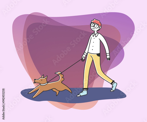 Boy going with dog outdoor flat vector illustration. Male cartoon character taking his pet for walk. Pet care, animal friend concept