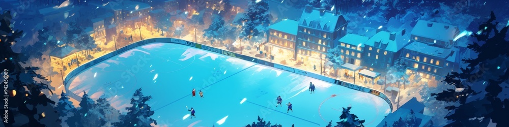 Fototapeta premium Aerial Fantasy Winter Wonderland: Anime-Style Ice Hockey Arena Captured from Above. Enchanting Overhead View for Seasonal Sports Marketing, Holiday Promotions, and Elegant Web Design Templates with Co