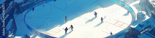 Aerial Fantasy Winter Wonderland: Anime-Style Ice Hockey Arena Captured from Above. Enchanting Overhead View for Seasonal Sports Marketing, Holiday Promotions, and Elegant Web Design Templates with Co