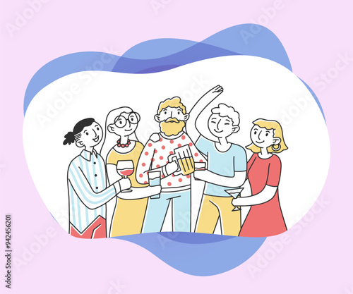 Friends drinking alcohol at party flat vector illustration. Happy teenager characters smiling, clinking of glasses and rousing cheers together. Celebrating and friendship concept