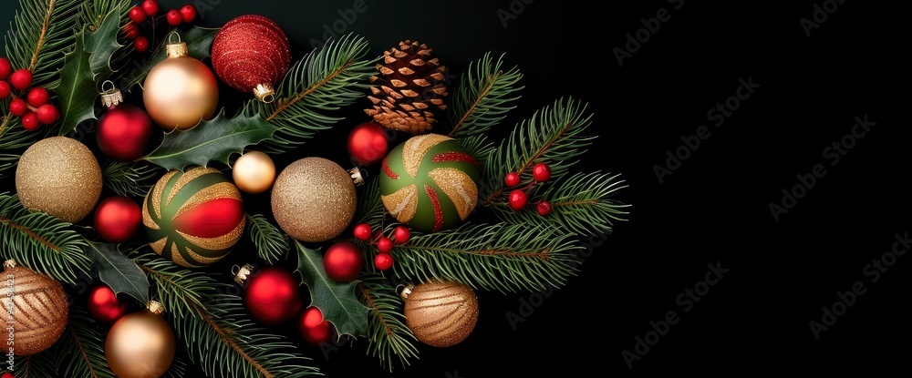 Fototapeta premium Christmas Ornament Wreath on Black Background