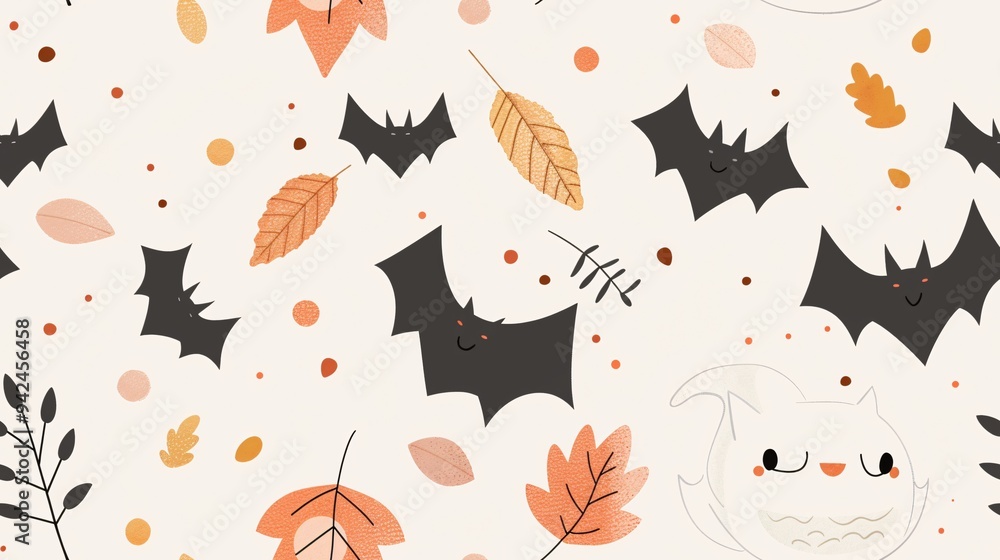 Spooky Autumn Whimsy: A playful Halloween Seamless Pattern featuring adorable bats, autumn leaves, and a cute ghost. Spooky Autumn Whimsy: A playful Halloween Seamless Pattern featuring adorable bats, autumn leaves, and a cute ghost.
