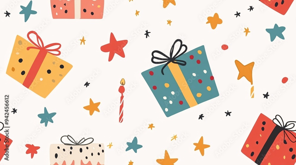 Birthday Party Celebration Seamless Pattern: A cheerful and festive seamless pattern featuring colorful gift boxes, candles, and stars, perfect for creating birthday invitations, wrapping paper Birthday Party Celebration Seamless Pattern: A cheerful and festive seamless pattern featuring colorful gift boxes, candles, and stars, perfect for creating birthday invitations, wrapping paper