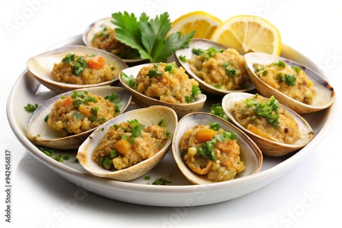 A plate of baked clams oreganata, a classic Italian-American dish featuring fresh clams topped with a savory breadcrumb mixture, baked to perfection.