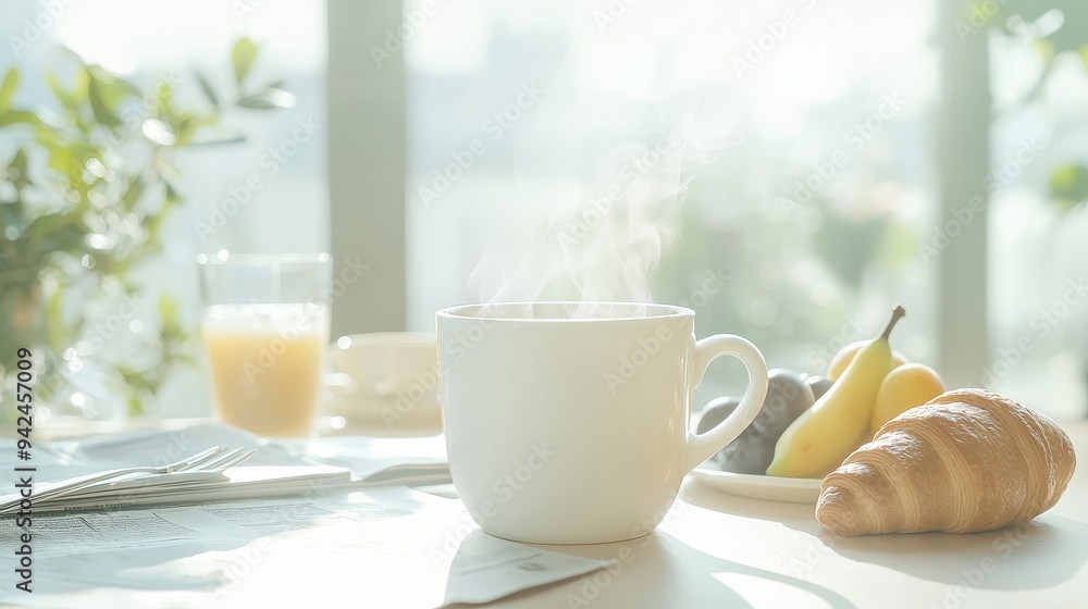 Morning Coffee with Croissant and Fruit on Table Morning Coffee with Croissant and Fruit on Table