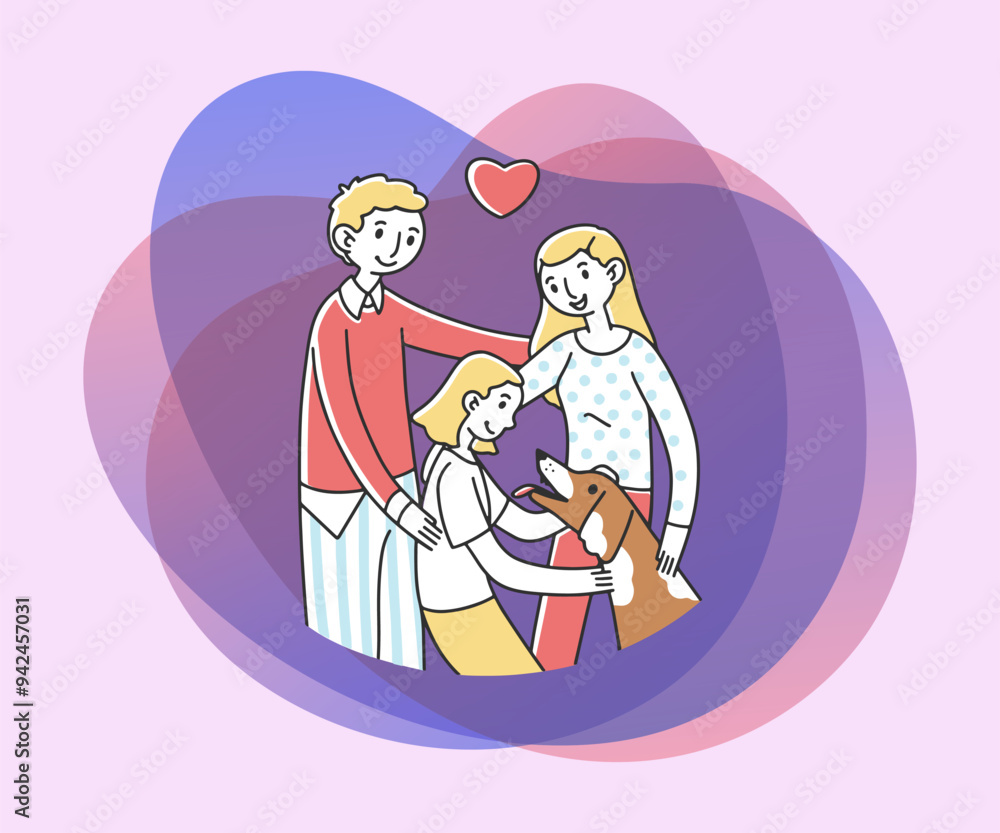 Happy family adopting pet flat vector illustration. Parents and child greeting dog. Abstract image of people with hound. Charity and animal adoption concept. Happy family adopting pet flat vector illustration. Parents and child greeting dog. Abstract image of people with hound. Charity and animal adoption concept.