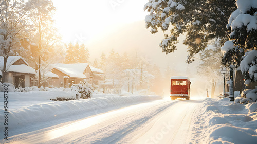 A red bus drives down a sno...