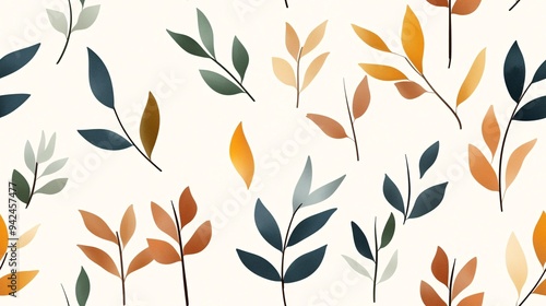 Autumn Whisper: Seamless pattern of delicate, colorful leaves in warm, earthy tones against a clean white background. 