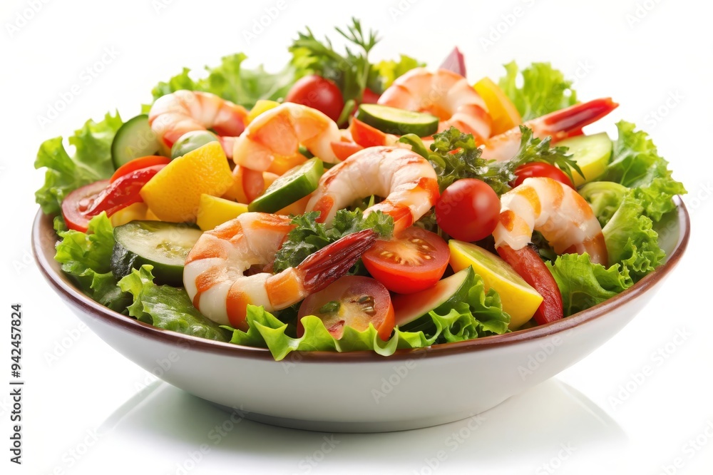 A vibrant and appetizing image of a shrimp salad. The salad is filled with fresh vegetables, including tomatoes, cucumbers, and lettuce. The shrimp are cooked to perfection and add a savory touch to t A vibrant and appetizing image of a shrimp salad. The salad is filled with fresh vegetables, including tomatoes, cucumbers, and lettuce. The shrimp are cooked to perfection and add a savory touch to t