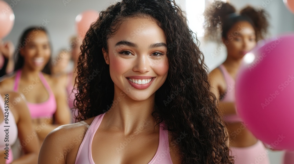 Happy Woman with Curly Hair Smiling at Camera During Exercise Class Happy Woman with Curly Hair Smiling at Camera During Exercise Class
