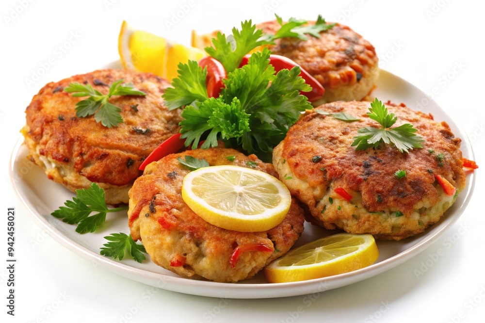 A plate of four golden-brown crab cakes, garnished with fresh parsley, lemon wedges, and red peppers. These flavorful crab cakes are perfect for a seafood lover's delight. A plate of four golden-brown crab cakes, garnished with fresh parsley, lemon wedges, and red peppers. These flavorful crab cakes are perfect for a seafood lover's delight.