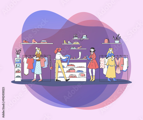 Happy female customers choosing clothes at fashion store flat vector illustration. Girls taking apparel from hanger and buying garment. Retail and style concept