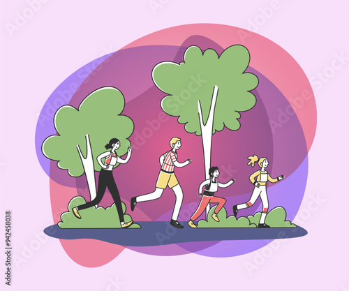 Happy people running marathon in city park flat vector illustration. Family jogging together. Man and woman with kids going in for sports. Lifestyle and health concept