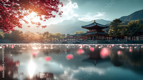 A serene temple reflecting ...