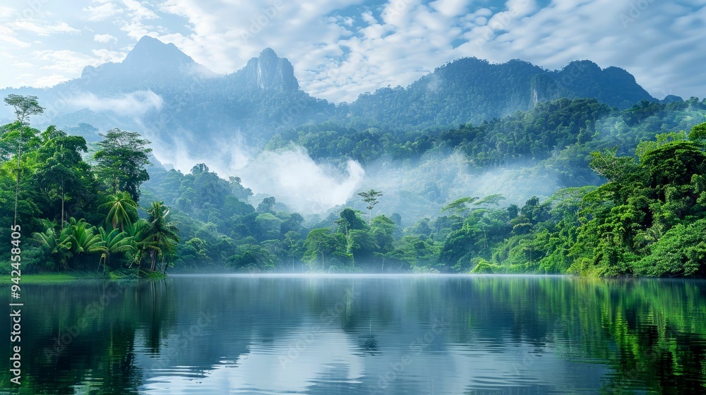 Serene Lake Surrounded by Misty Mountains and Lush Greenery Serene Lake Surrounded by Misty Mountains and Lush Greenery
