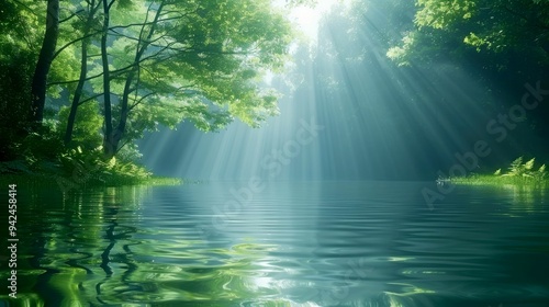 Sunlight Rays Filtering Through Trees and Reflecting on a Still Lake