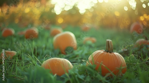 Pumpkins in a green field with selective focus REGION