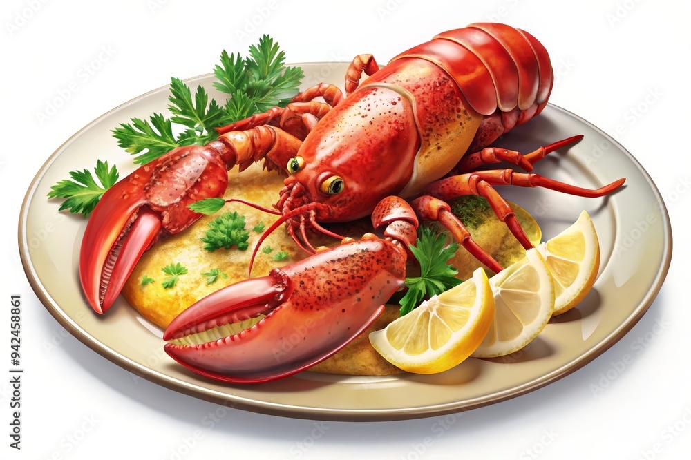 A mouthwatering illustration of a cooked lobster served on a plate with garlic butter sauce and lemon wedges. The lobster is perfectly cooked and has a beautiful red color. The garlic butter sauce is A mouthwatering illustration of a cooked lobster served on a plate with garlic butter sauce and lemon wedges. The lobster is perfectly cooked and has a beautiful red color. The garlic butter sauce is