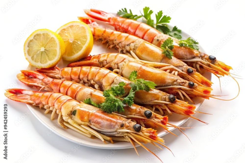 A plate of grilled langoustines with lemon wedges and parsley sprigs, arranged on a white background. The langoustines are cooked to a golden brown and have a delicious, succulent appearance. They are A plate of grilled langoustines with lemon wedges and parsley sprigs, arranged on a white background. The langoustines are cooked to a golden brown and have a delicious, succulent appearance. They are
