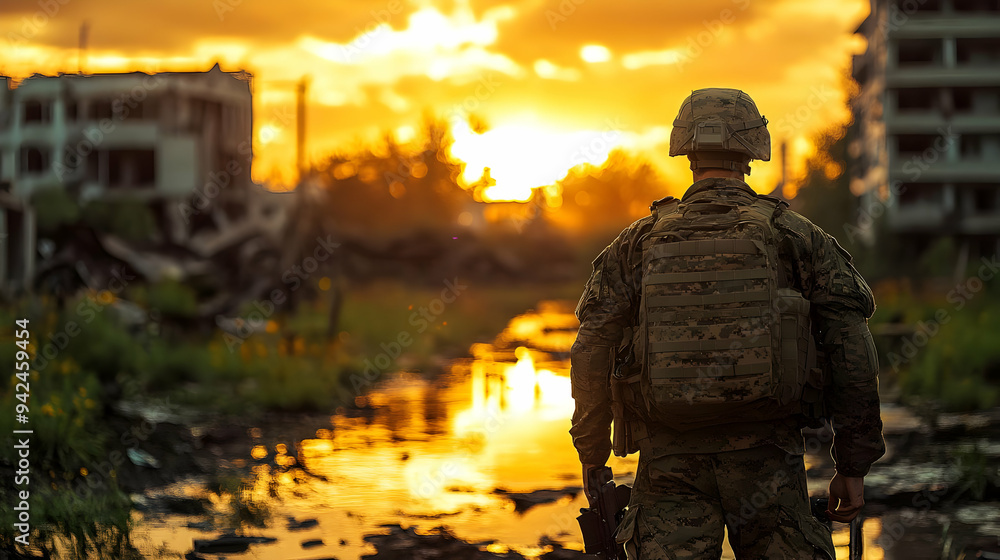 A soldier in camouflage walks through a war-torn area at sunset. A soldier in camouflage walks through a war-torn area at sunset.