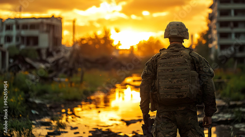 A soldier in camouflage wal...