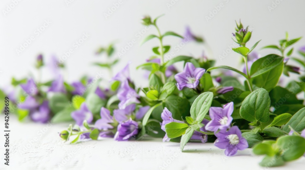 Fototapeta premium Purple flowers and green leaves on white background with soft focus