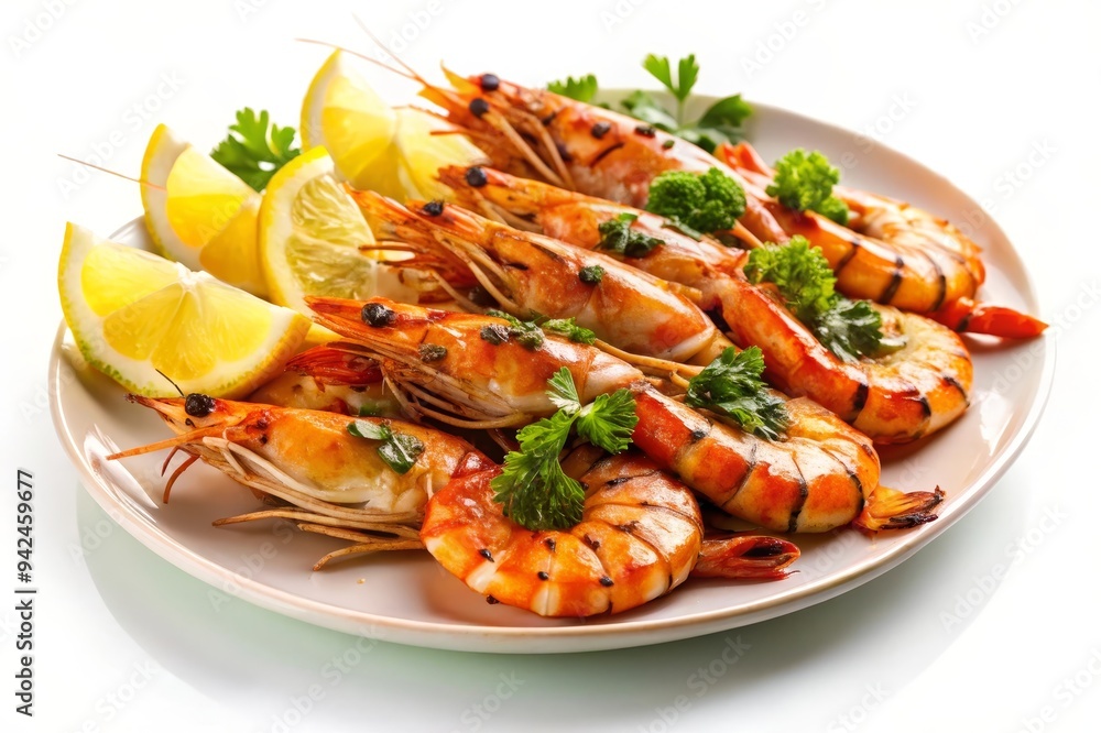 A close-up image of grilled prawns arranged on a plate, garnished with lemon slices and fresh parsley. The prawns are perfectly cooked, showcasing their vibrant orange hue. The image represents a deli A close-up image of grilled prawns arranged on a plate, garnished with lemon slices and fresh parsley. The prawns are perfectly cooked, showcasing their vibrant orange hue. The image represents a deli