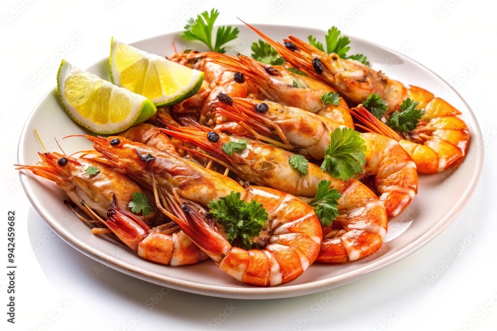 A plate of grilled prawns, garnished with fresh parsley and lime wedges. The prawns are cooked to perfection, with a juicy and flavorful interior. A delicious and healthy seafood dish, perfect for a l A plate of grilled prawns, garnished with fresh parsley and lime wedges. The prawns are cooked to perfection, with a juicy and flavorful interior. A delicious and healthy seafood dish, perfect for a l
