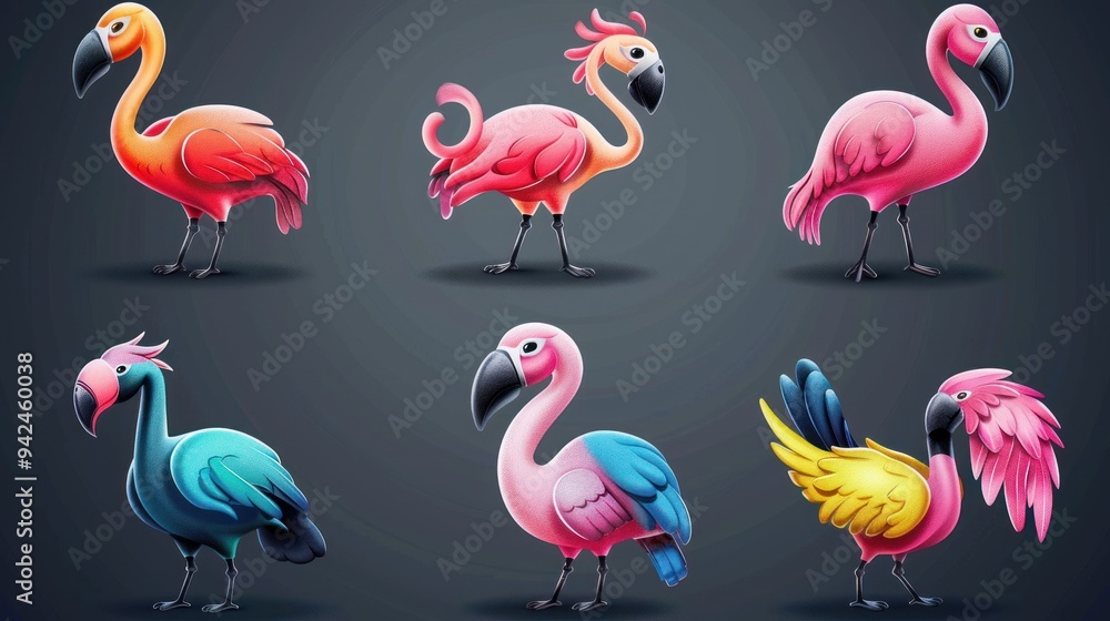 Obraz premium Colorful Cartoon Flamingos and Bird.