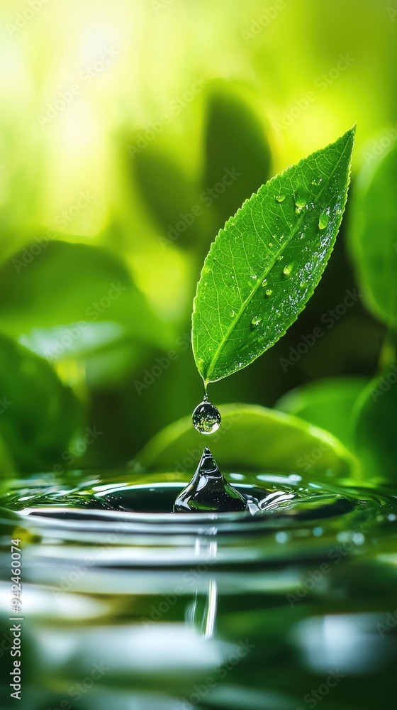 Close-Up of a Leaf with Water Droplets Against a Lush Green Background Close-Up of a Leaf with Water Droplets Against a Lush Green Background
