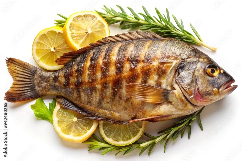 A single, perfectly grilled tilapia fish, resting on a bed of rosemary sprigs and lemon slices. The fish is golden brown and has a crispy skin. The lemon slices and rosemary sprigs add a touch of fres A single, perfectly grilled tilapia fish, resting on a bed of rosemary sprigs and lemon slices. The fish is golden brown and has a crispy skin. The lemon slices and rosemary sprigs add a touch of fres