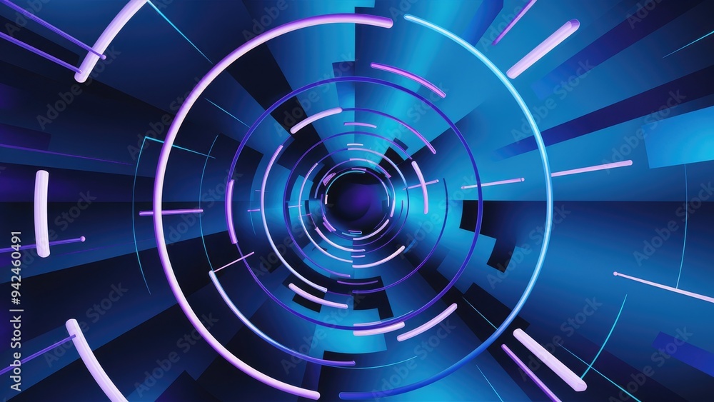 Abstract blue digital tunnel featuring geometric round shapes. Neon purple and lilac rings and circles rotate against a vibrant ultramarine gradient backdrop. Perfect for modern presentation designs