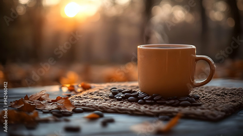 A steaming cup of coffee si...