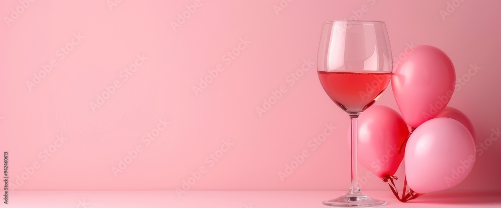 Glass of Rose Wine with Pink Balloons on Pink Background Glass of Rose Wine with Pink Balloons on Pink Background