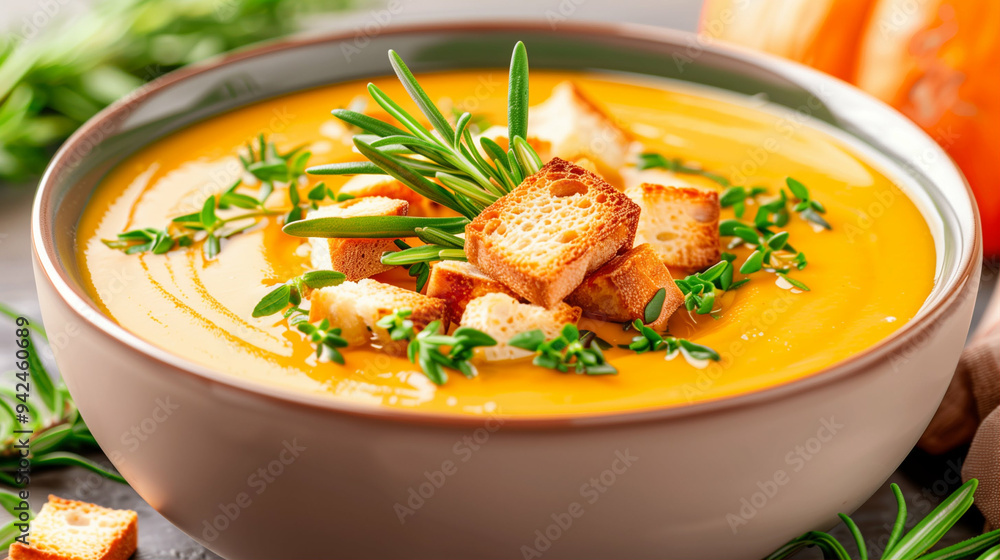Bowl of pumpkin soup topped with croutons and fresh herbs for a cozy meal Bowl of pumpkin soup topped with croutons and fresh herbs for a cozy meal
