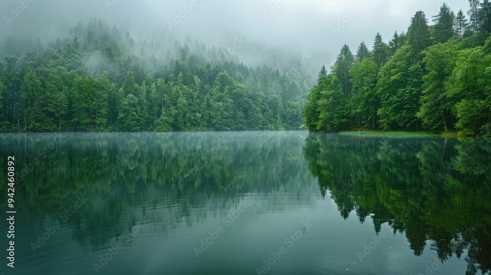 Obraz premium Reflection of trees in a lake during rain