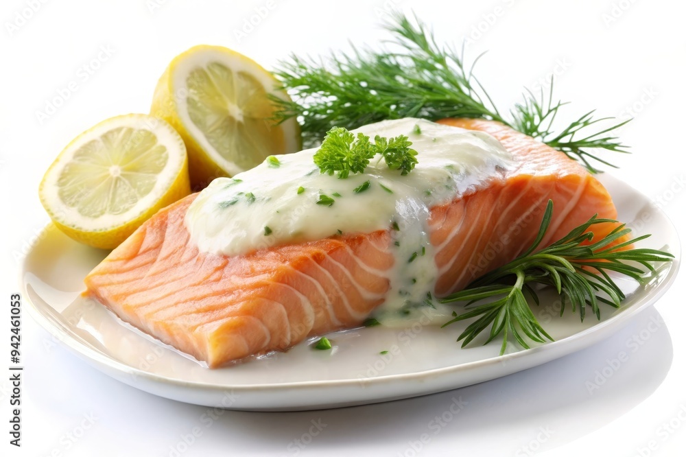 A delectable plate of poached salmon topped with a creamy dill sauce. The salmon is cooked to perfection, with a delicate pink hue. The sauce is rich and creamy, and the dill adds a refreshing flavor. A delectable plate of poached salmon topped with a creamy dill sauce. The salmon is cooked to perfection, with a delicate pink hue. The sauce is rich and creamy, and the dill adds a refreshing flavor.