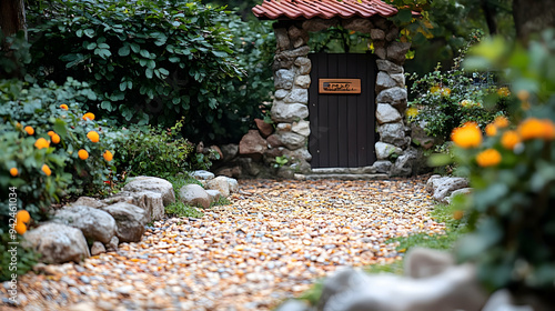 A stone walkway leads to a ...