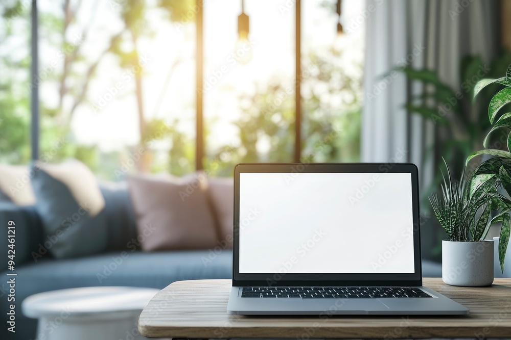Workspace with white screen laptop mockup and copy space on table with blurred living room background with generative ai Workspace with white screen laptop mockup and copy space on table with blurred living room background with generative ai