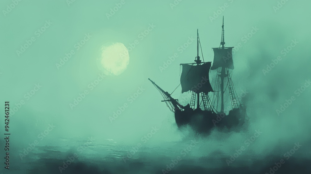 Fototapeta premium Mystical Sailing Ship in Eerie Green Fog Under a Full Moon at Night