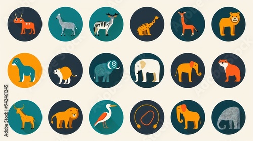 Colorful Flat Design Animals Icons.