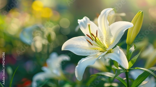 Regal white lily in summer garden with selective focus