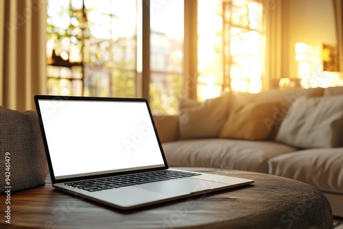 Workspace with white screen laptop mockup and copy space on table with blurred living room background with generative ai