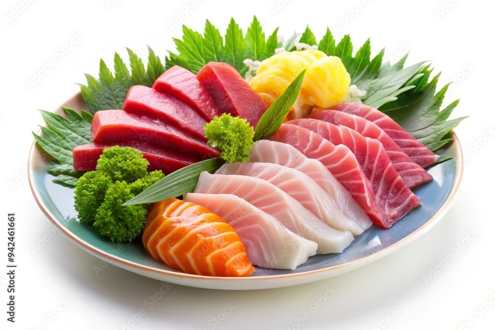 A vibrant assortment of raw fish sashimi, featuring tuna, salmon, and white fish, meticulously arranged on a plate with fresh garnishes. The sashimi slices are thinly cut, showcasing their delicate te A vibrant assortment of raw fish sashimi, featuring tuna, salmon, and white fish, meticulously arranged on a plate with fresh garnishes. The sashimi slices are thinly cut, showcasing their delicate te