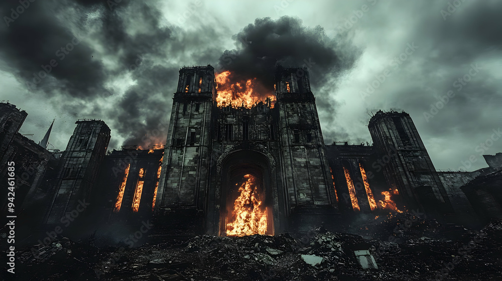 Fototapeta premium A towering gothic cathedral engulfed in flames, with dark clouds billowing in the sky.