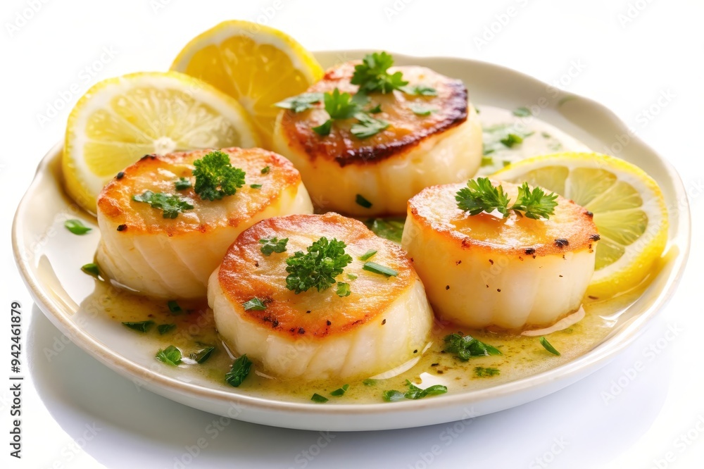 A close-up shot of four golden-brown seared scallops arranged on a white plate with lemon wedges and fresh parsley, drizzled with a rich, glossy lemon butter sauce. The image evokes a sense of culinar A close-up shot of four golden-brown seared scallops arranged on a white plate with lemon wedges and fresh parsley, drizzled with a rich, glossy lemon butter sauce. The image evokes a sense of culinar
