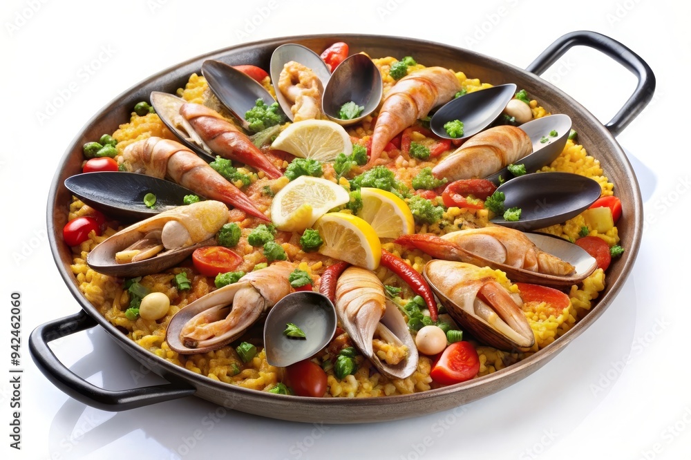 A vibrant and appetizing paella dish featuring a medley of fresh seafood, including mussels, shrimp, and clams, artfully arranged in a pan. The paella is perfectly cooked and seasoned, with a rich and A vibrant and appetizing paella dish featuring a medley of fresh seafood, including mussels, shrimp, and clams, artfully arranged in a pan. The paella is perfectly cooked and seasoned, with a rich and