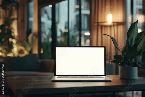 Workspace with white screen laptop mockup and copy space on table with blurred living room background with generative ai